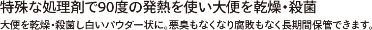 特殊な処理剤で90度の発熱を使い大便を乾燥・殺菌。大便を乾燥・殺菌し白いパウダー状に。悪臭もなくなり腐敗もなく長期間保管できます。